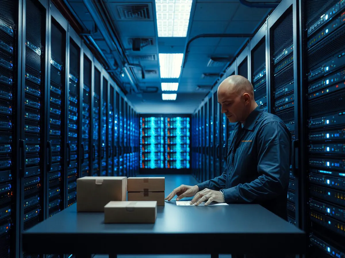 数据中心服务器机柜与技术人员维护场景